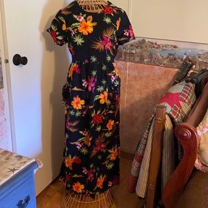 Black and gold tropical midi dress